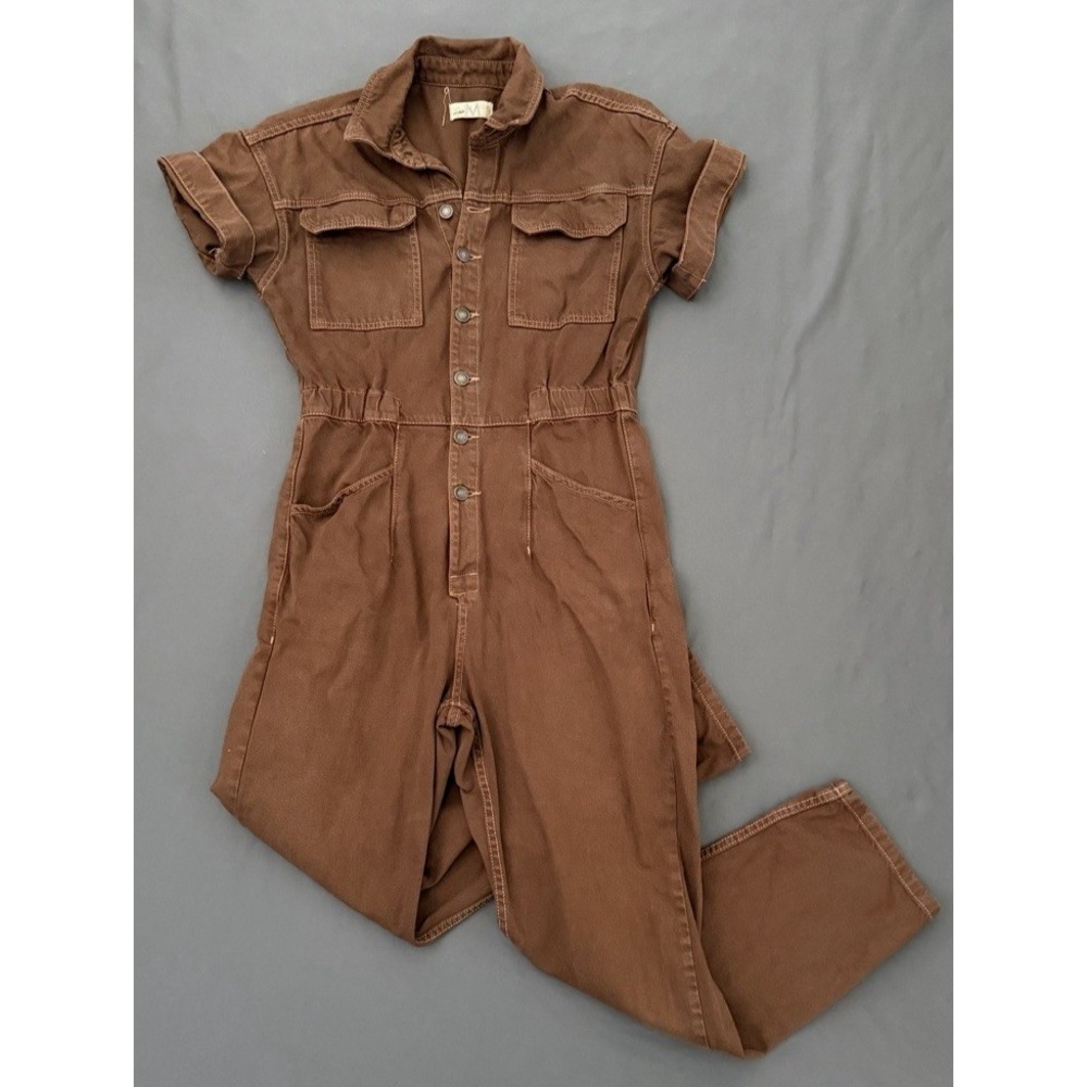 Free People We The Free Marci Coverall Jumpsuit Womens Size Medium Brown Denim
